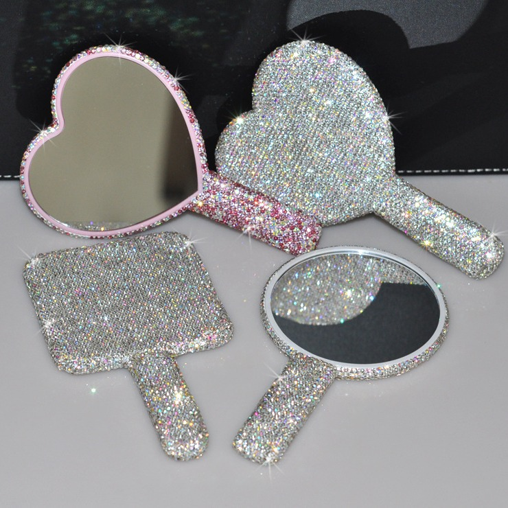 2pcs Square Makeup Mirror with Heart Diamond Design, Handheld Salon Mirror for Eyelash Extensions, Teeth Whitening, and Tooth Gems