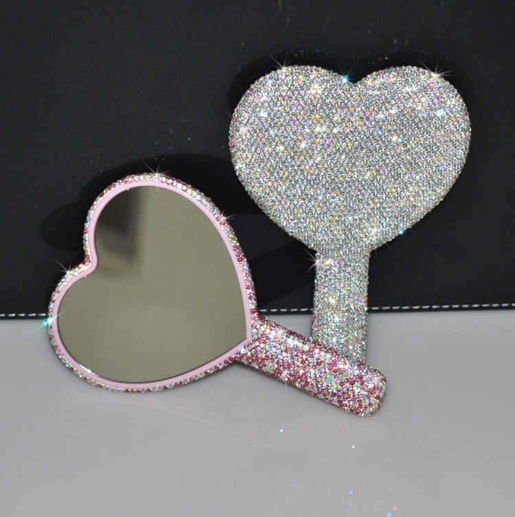 2pcs Square Makeup Mirror with Heart Diamond Design, Handheld Salon Mirror for Eyelash Extensions, Teeth Whitening, and Tooth Gems