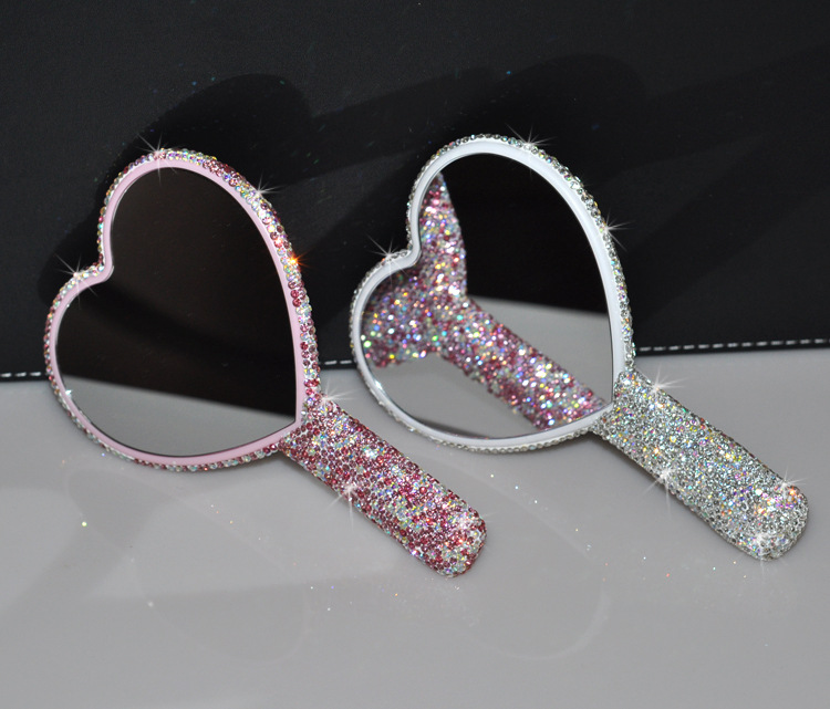 2pcs Square Makeup Mirror with Heart Diamond Design, Handheld Salon Mirror for Eyelash Extensions, Teeth Whitening, and Tooth Gems