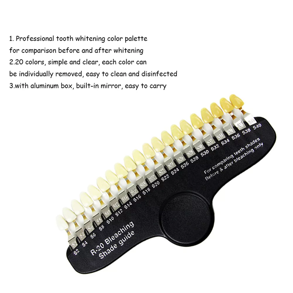 Professional 3D R-20 Teeth Whitening Shade Guide with Mirror, Classical Tooth Bleaching Shade Chart 20 Colors